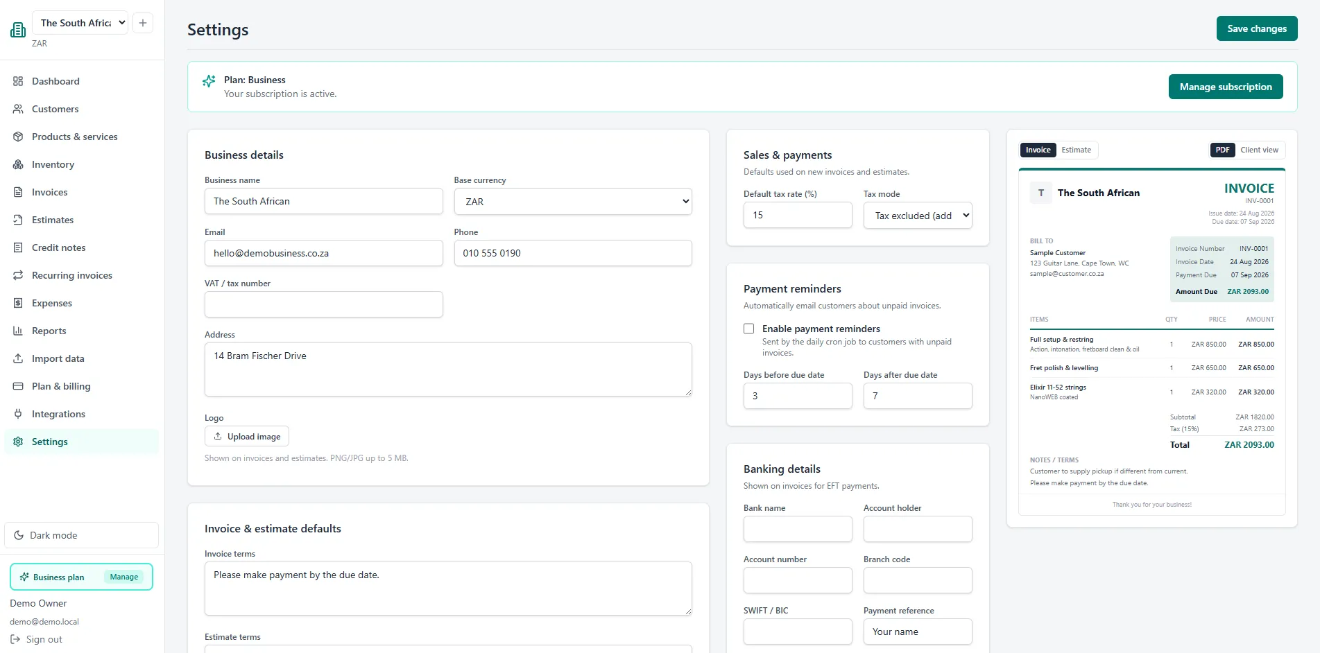 Settings screen